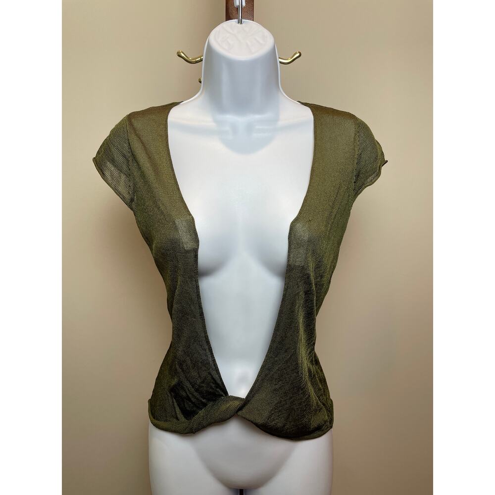 Bebe M Olive Green Knot Front Open Front Knit Cardigan Cap Sleeve High Low Sheen